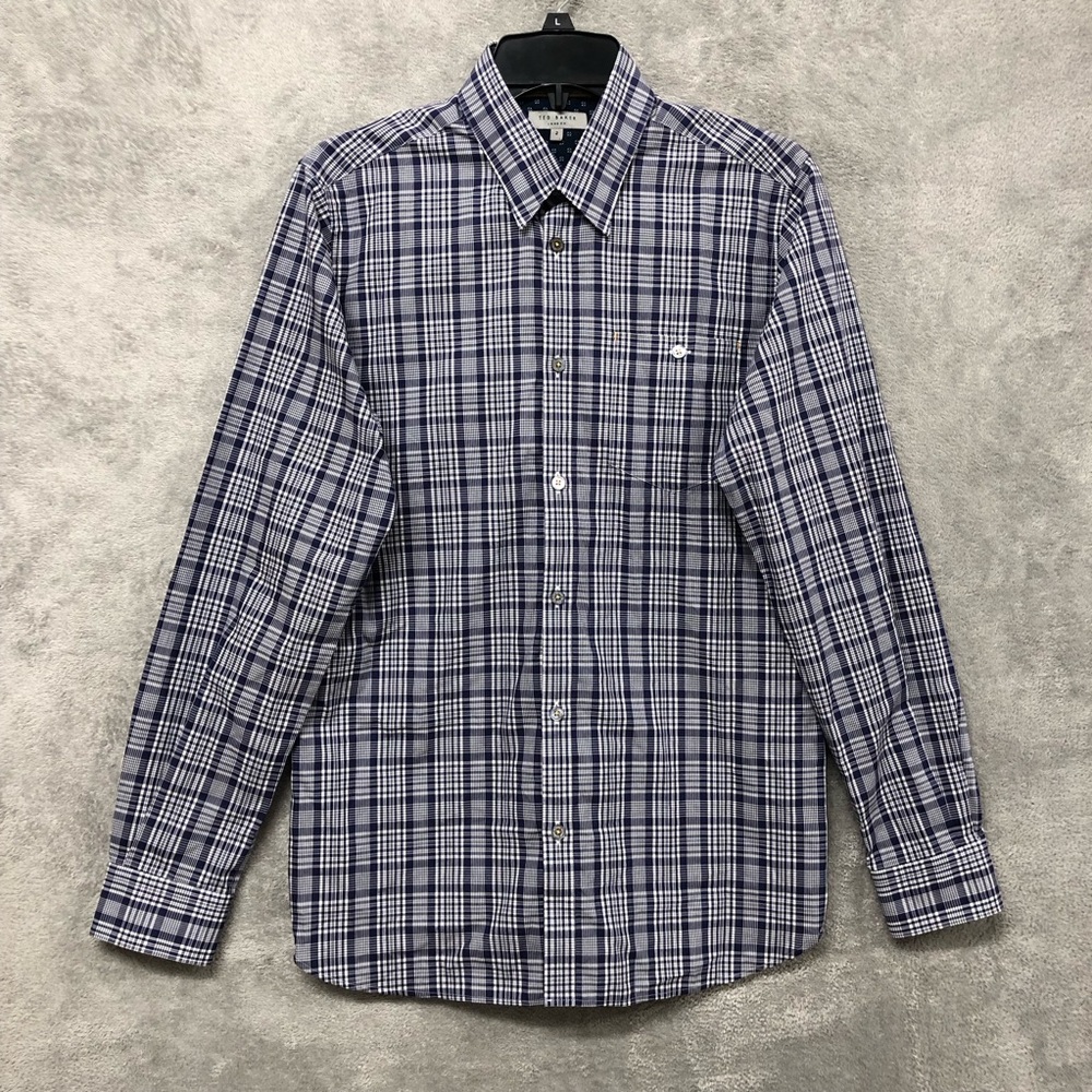 Ted Baker Blue and White Plaid Long-Sleeve Dress Shirt